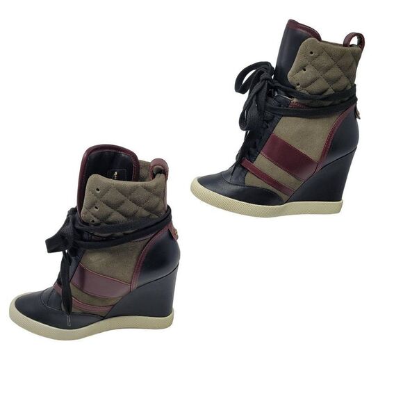 Chloe Tricolor Leather Quilted Suede Wedge Sneaker Hidden Heel‎ Booties Green 34 - Picture 7 of 16